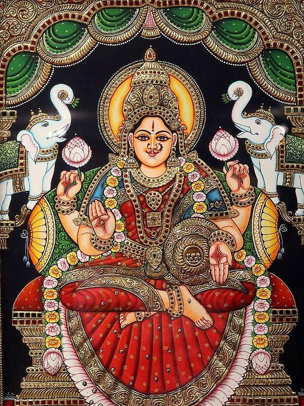 Exotic India Gajalakshmi Tirupati Balaji (Venkateshvara) And Ganesha | Tanjore Painting With Frame 