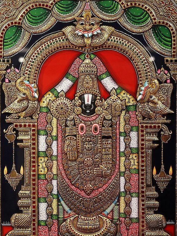 Exotic India Gajalakshmi Tirupati Balaji (Venkateshvara) And Ganesha | Tanjore Painting With Frame 