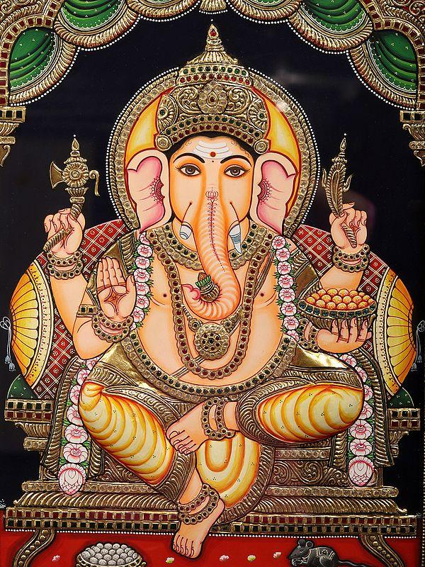Exotic India Gajalakshmi Tirupati Balaji (Venkateshvara) And Ganesha | Tanjore Painting With Frame 