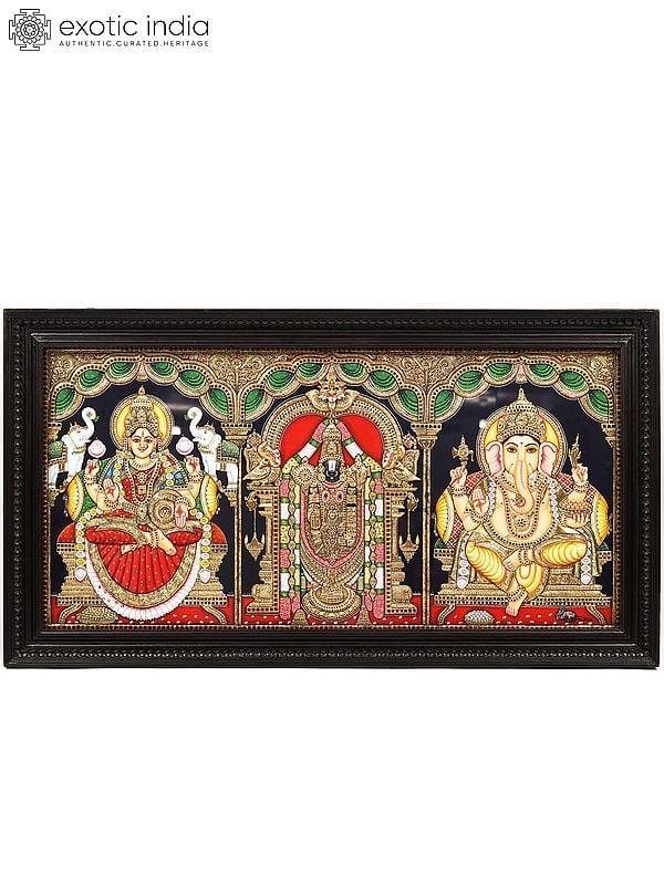 exotic india Gajalakshmi Tirupati Balaji (Venkateshvara) and Ganesha | Tanjore Painting with Frame 