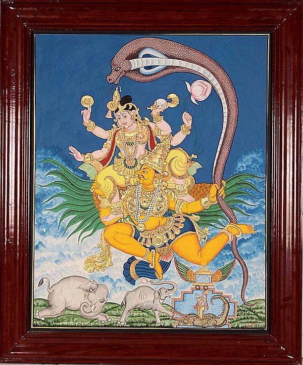 exotic india Gajendra Moksha (Liberation of Elephant King from the Jaws of Crocodile by Vishnu (Framed) 
