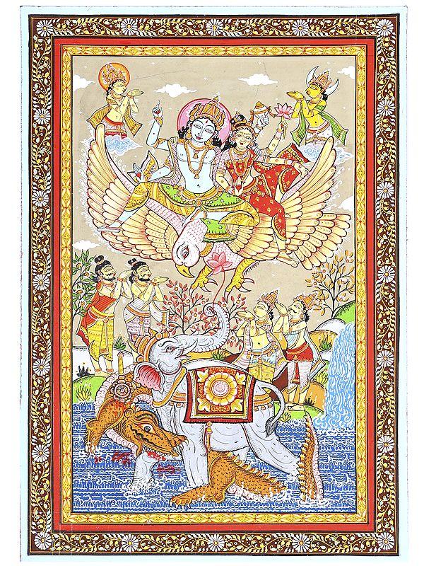 exotic india Gajendra Moksha | Superfine Pattachitra Painting