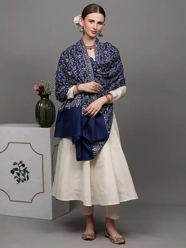 Exotic India Galaxy-Blue Diamond Weave Pure Pashmina Shawl With All-Over Detailed Sozni Embroidered Jaal Patterns 