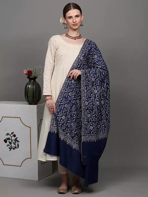 Exotic India Galaxy-Blue Diamond Weave Pure Pashmina Shawl With All-Over Detailed Sozni Embroidered Jaal Patterns 