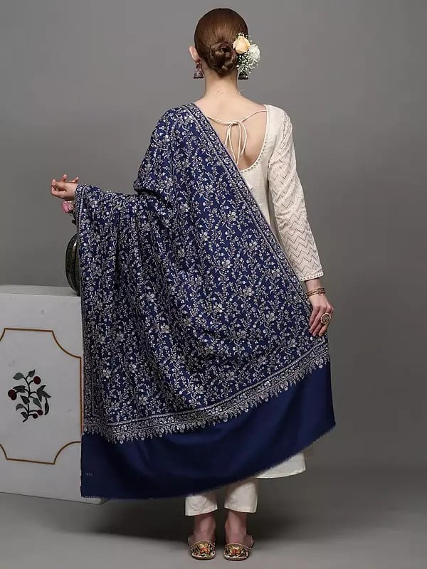 Exotic India Galaxy-Blue Diamond Weave Pure Pashmina Shawl With All-Over Detailed Sozni Embroidered Jaal Patterns 