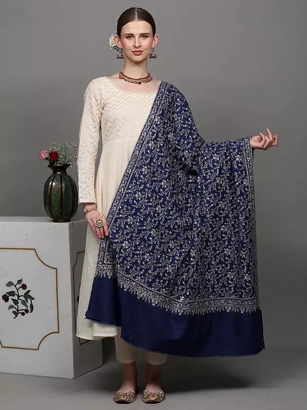 exotic india Galaxy-Blue Diamond Weave Pure Pashmina Shawl with All-Over Detailed Sozni Embroidered Jaal Patterns 