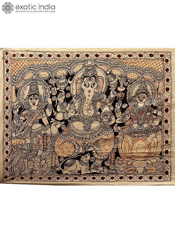 exotic india Ganesha Lakshmi and Saraswati | Kalamkari Painting on Cotton