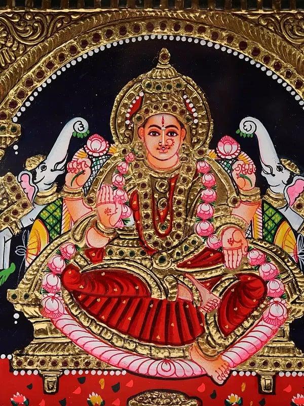 Exotic India Ganesha With Lakshmi & Saraswati Tanjore Painting | Traditional Colors With 24K Gold | Teakwood Frame | Gold & Wood | Handmade 