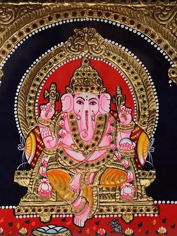Exotic India Ganesha With Lakshmi & Saraswati Tanjore Painting | Traditional Colors With 24K Gold | Teakwood Frame | Gold & Wood | Handmade 