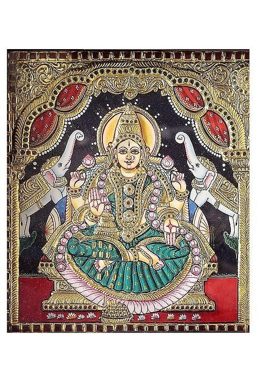 Exotic India Ganesha With Lakshmi & Saraswati Tanjore Painting | Traditional Colors With 24K Gold | Teakwood Frame | Gold & Wood | Handmade | Made In India