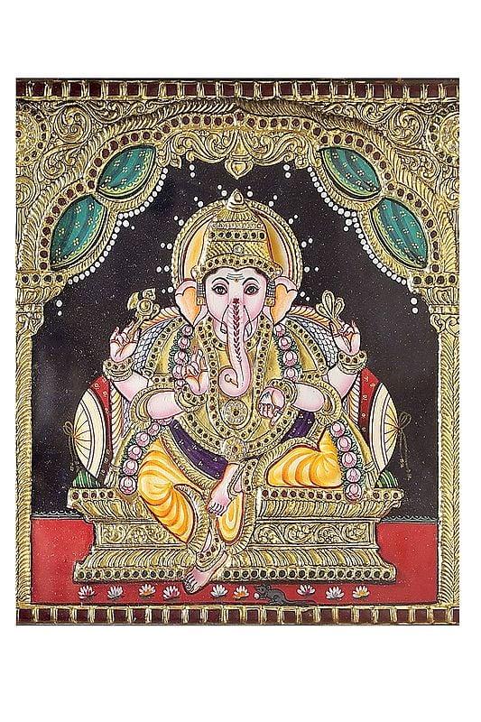 Exotic India Ganesha With Lakshmi & Saraswati Tanjore Painting | Traditional Colors With 24K Gold | Teakwood Frame | Gold & Wood | Handmade | Made In India