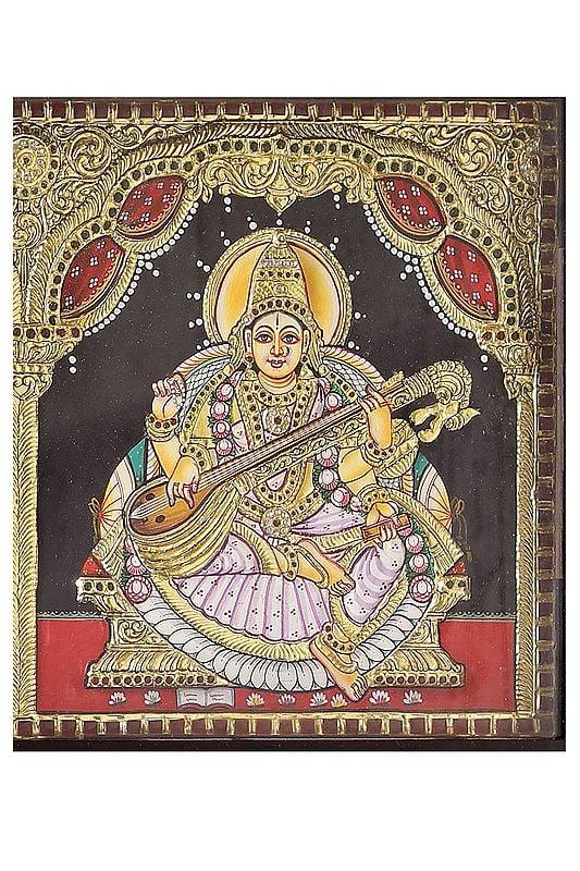 Exotic India Ganesha With Lakshmi & Saraswati Tanjore Painting | Traditional Colors With 24K Gold | Teakwood Frame | Gold & Wood | Handmade | Made In India