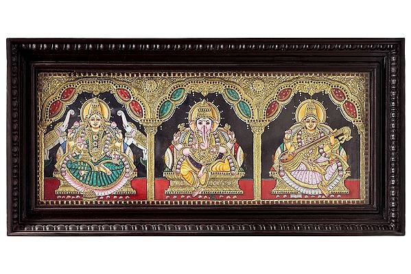 exotic india Ganesha with Lakshmi & Saraswati Tanjore Painting | Traditional Colors With 24K Gold | Teakwood Frame | Gold & Wood | Handmade | Made In India 