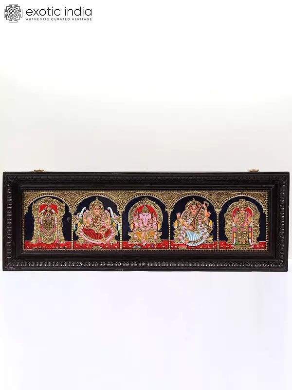 exotic india Ganesha with Lakshmi & Saraswati Tanjore Painting | Traditional Colors With 24K Gold | Teakwood Frame | Gold & Wood | Handmade