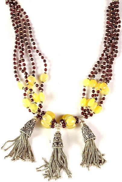 exotic india Garnet and Yellow Chalcedony Beaded Necklace with Sterling Showers 