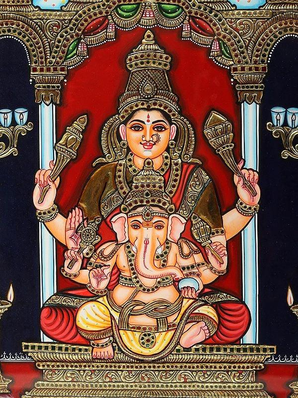 Exotic India Gauri Ganesha Tanjore Painting (Goddess Parvati With Her Son) | With Frame