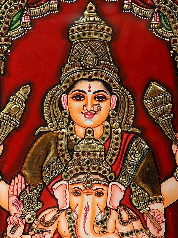 Exotic India Gauri Ganesha Tanjore Painting (Goddess Parvati With Her Son) | With Frame