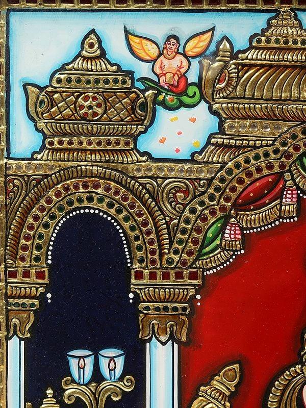 Exotic India Gauri Ganesha Tanjore Painting (Goddess Parvati With Her Son) | With Frame