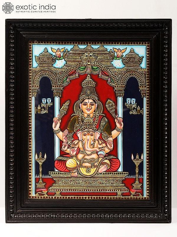 exotic india Gauri Ganesha Tanjore Painting (Goddess Parvati with Her Son) | With Frame 