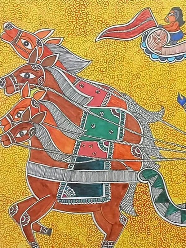 Exotic India Geeta Upadesha : Lord Krishna Guiding Arjuna In Mahabharata | Acrylic On Handmade Paper 