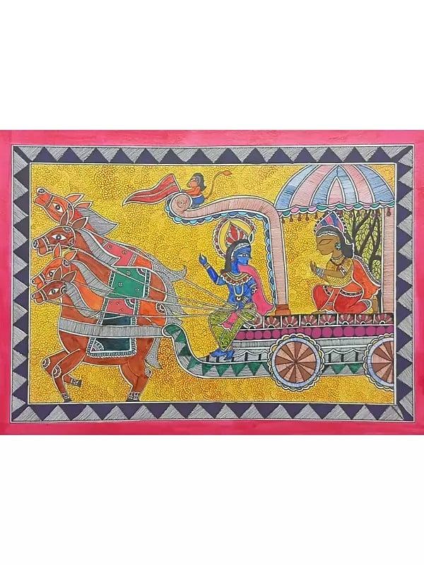 exotic india Geeta Upadesha : Lord Krishna Guiding Arjuna In Mahabharata | Acrylic On Handmade Paper 