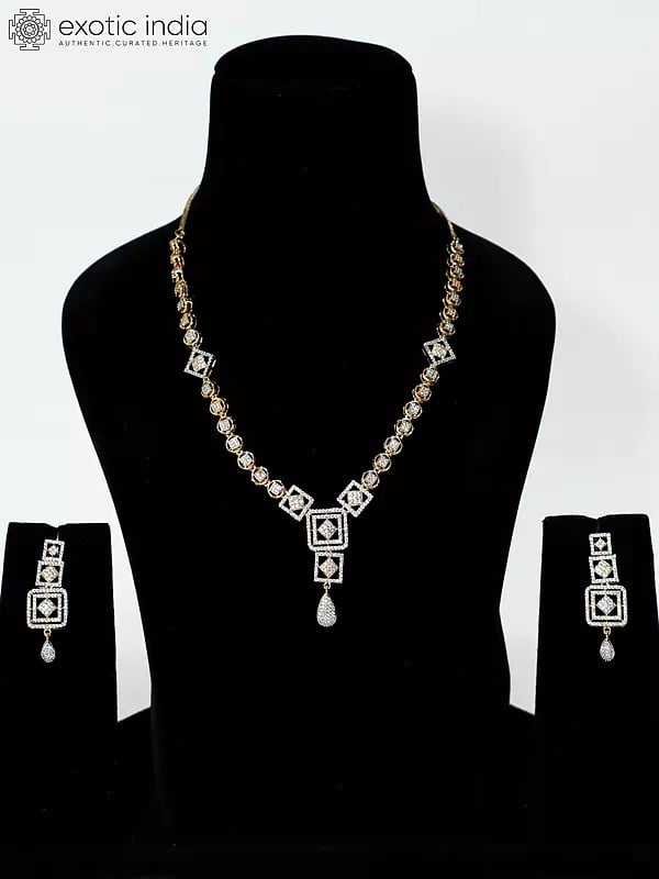 exotic india Geometric Design Embellished Stone Studded American Diamond Necklace Set With Earrings