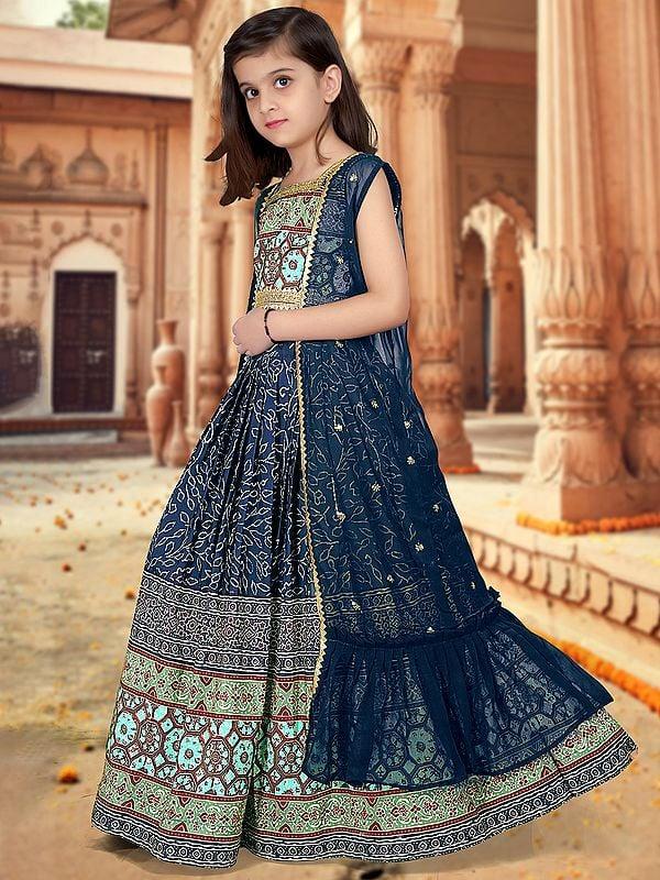 Exotic India Georgette Ajrakh Printed And Sequins Work Designer Kids Lehenga Choli With Jacket 