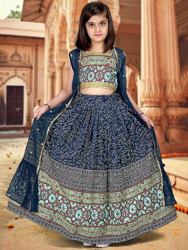 exotic india Georgette Ajrakh Printed And Sequins Work Designer Kids Lehenga Choli With Jacket 