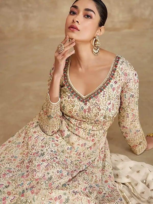 Exotic India Georgette Attractive Thread Sequins And Embroidery Work Festive Wear Anarkali Gown