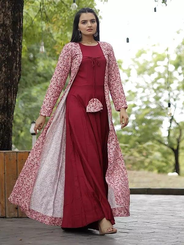 Exotic India Georgette Crochet Embroidery Work Designer Gown With Shrug 