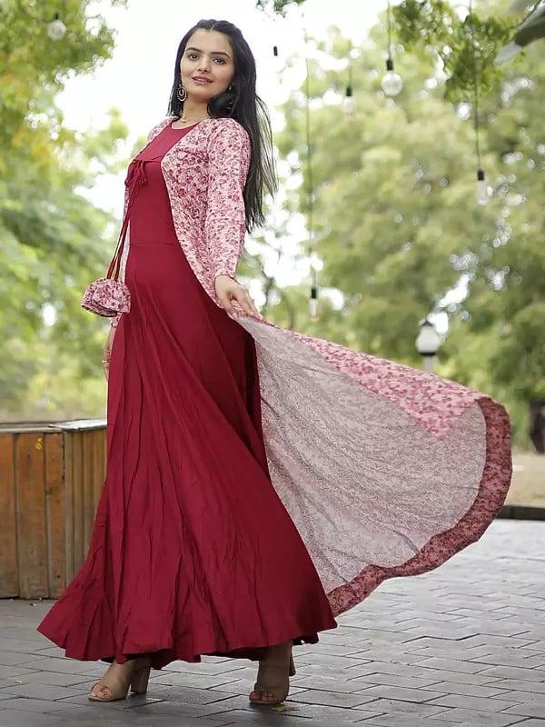 Exotic India Georgette Crochet Embroidery Work Designer Gown With Shrug 