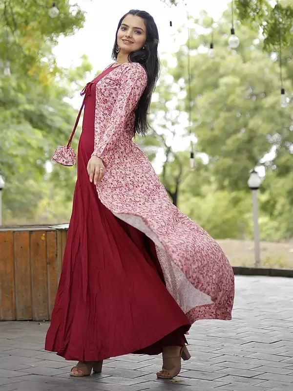 Exotic India Georgette Crochet Embroidery Work Designer Gown With Shrug 