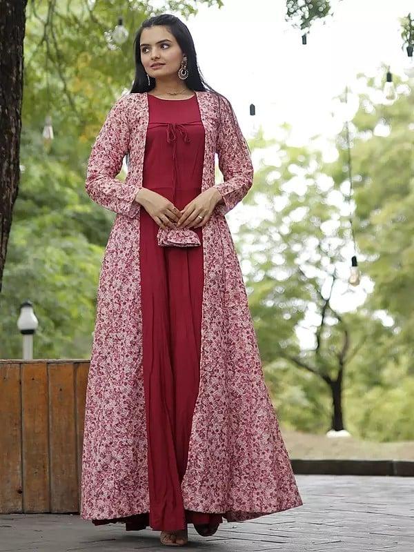 exotic india Georgette Crochet Embroidery Work Designer Gown with Shrug 
