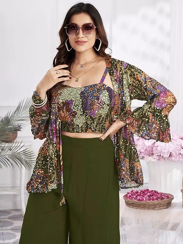 Exotic India Georgette Embroidery & Hand Work Crop Top Party Wear Indo-Western Suit 