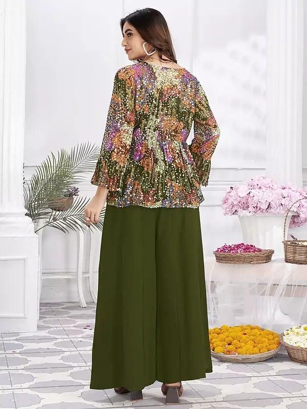 Exotic India Georgette Embroidery & Hand Work Crop Top Party Wear Indo-Western Suit 
