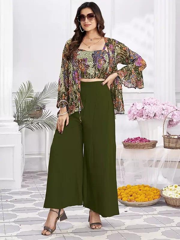 exotic india Georgette Embroidery & Hand Work Crop Top Party Wear Indo-Western Suit 