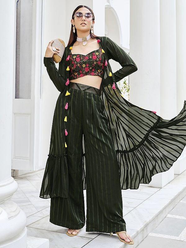 Exotic India Georgette Floral Motif Sequins Embroidered Palazzo Crop-Top Suit With Flared Jacket 