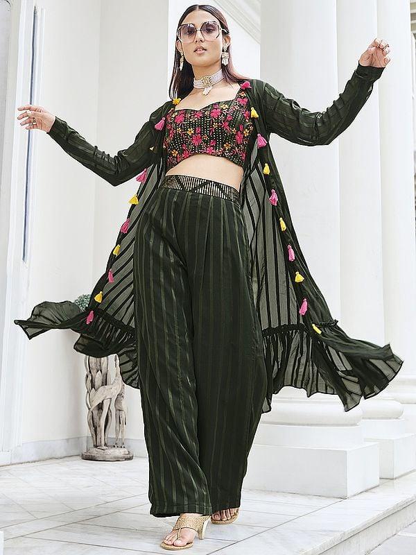 Exotic India Georgette Floral Motif Sequins Embroidered Palazzo Crop-Top Suit With Flared Jacket 