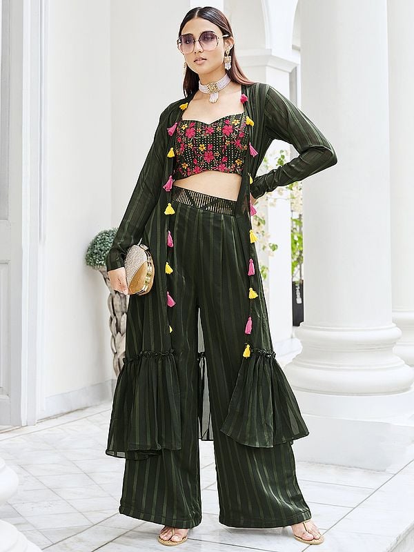exotic india Georgette Floral Motif Sequins Embroidered Palazzo Crop-Top Suit with Flared Jacket 