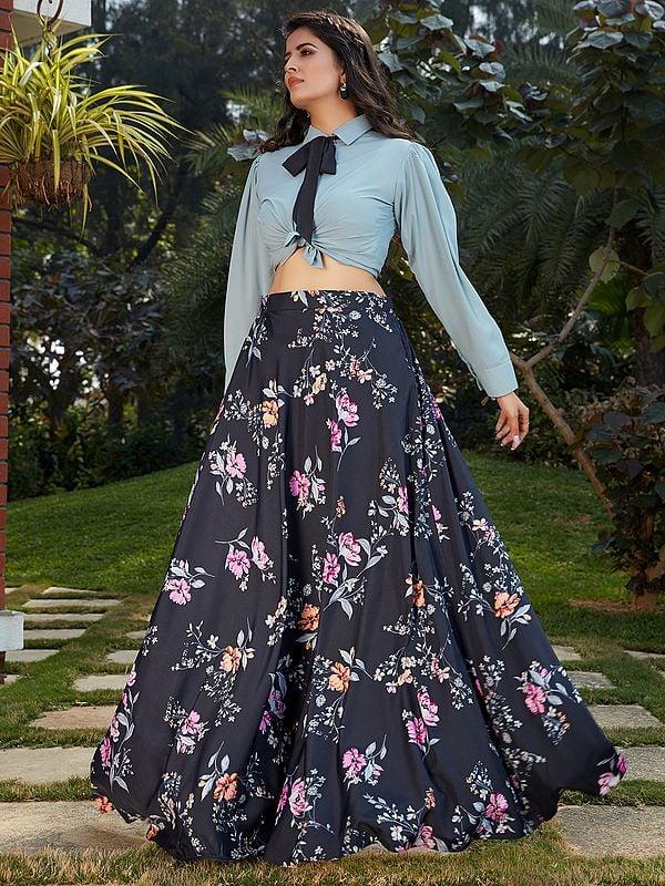 Exotic India Georgette Grey Crop-Top With Floral Printed Crepe Silk Skirt