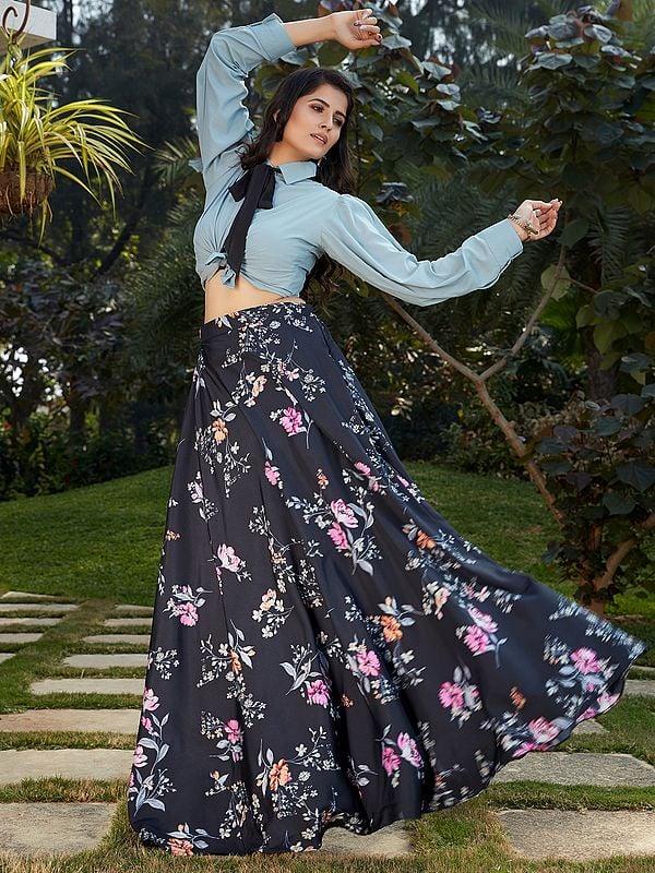 Exotic India Georgette Grey Crop-Top With Floral Printed Crepe Silk Skirt