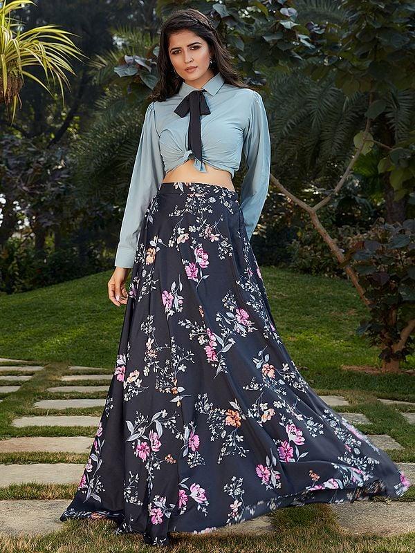 exotic india Georgette Grey Crop-Top with Floral Printed Crepe Silk Skirt 