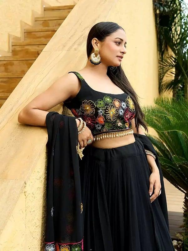 Exotic India Georgette Heavy Embroidery And Mirror Work Festival Wear Lehenga Choli With Dupatta 