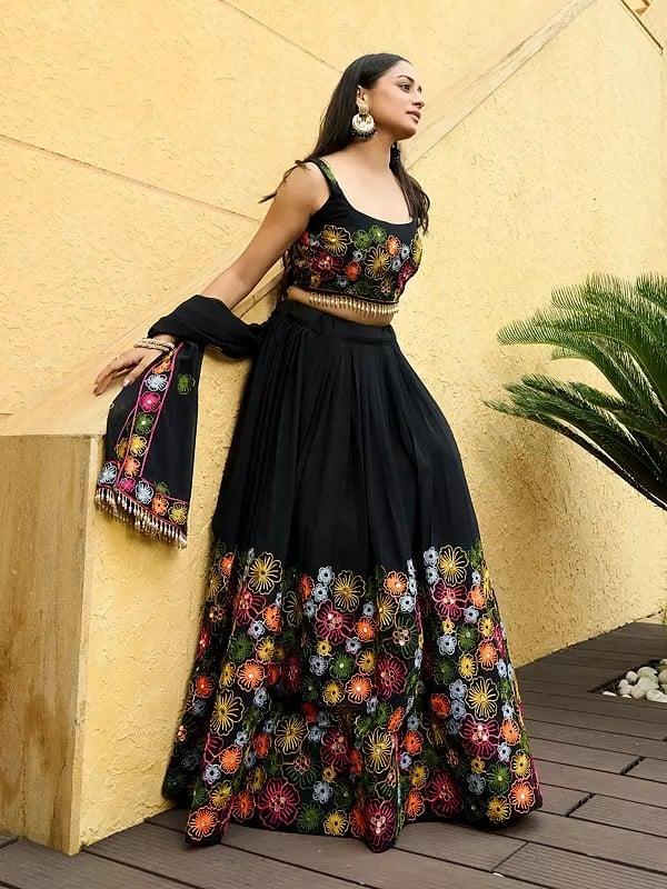 Exotic India Georgette Heavy Embroidery And Mirror Work Festival Wear Lehenga Choli With Dupatta 