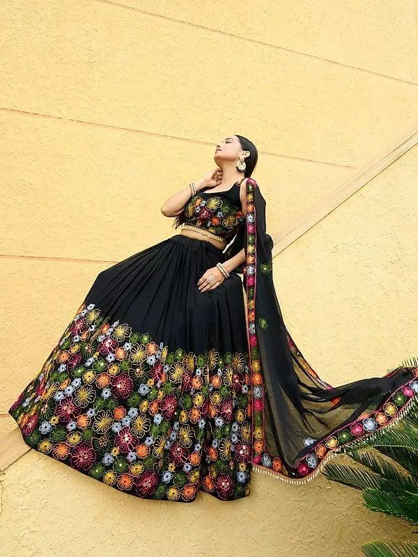 Exotic India Georgette Heavy Embroidery And Mirror Work Festival Wear Lehenga Choli With Dupatta 