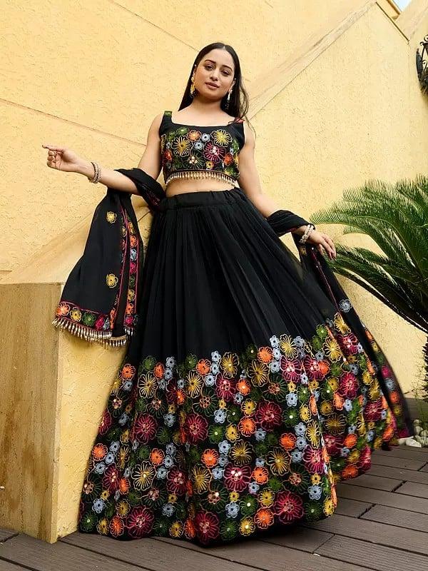 exotic india Georgette Heavy Embroidery And Mirror Work Festival Wear Lehenga Choli With Dupatta 