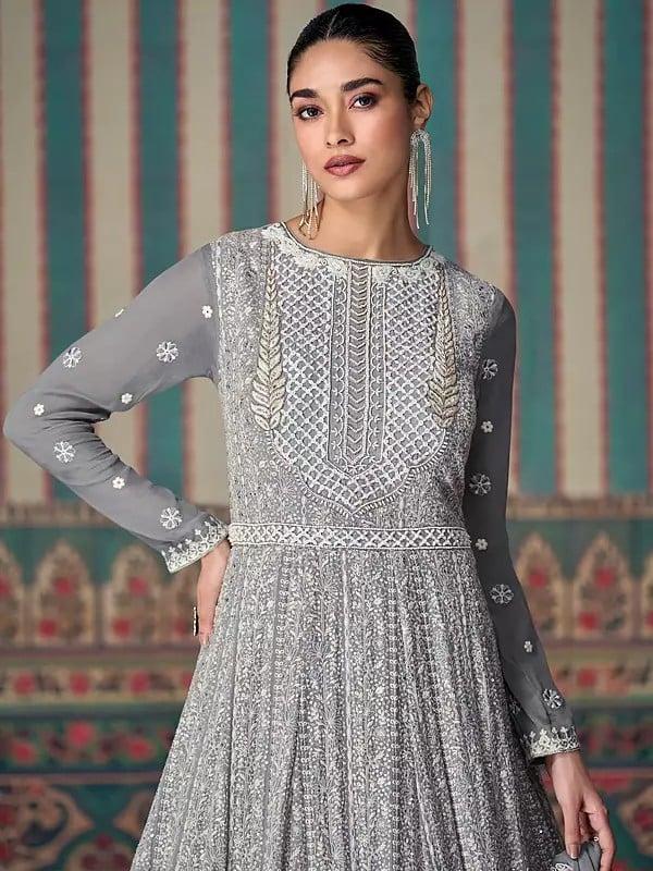 Exotic India Georgette Heavy Sequins And Embroidery Work Designer Wedding Wear Gown With Matching Dupatta