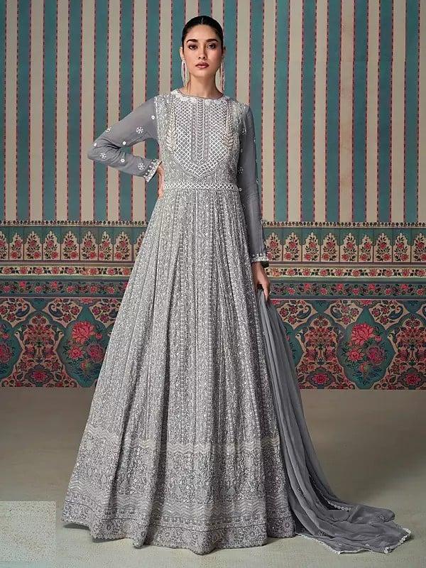 exotic india Georgette Heavy Sequins And Embroidery Work Designer Wedding Wear Gown With Matching Dupatta