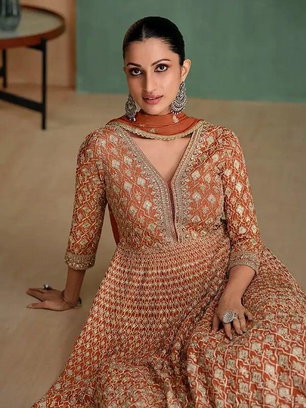 Exotic India Georgette Sequins And Thread Embroidery Work Stunning Anarkali Gown With Dupatta