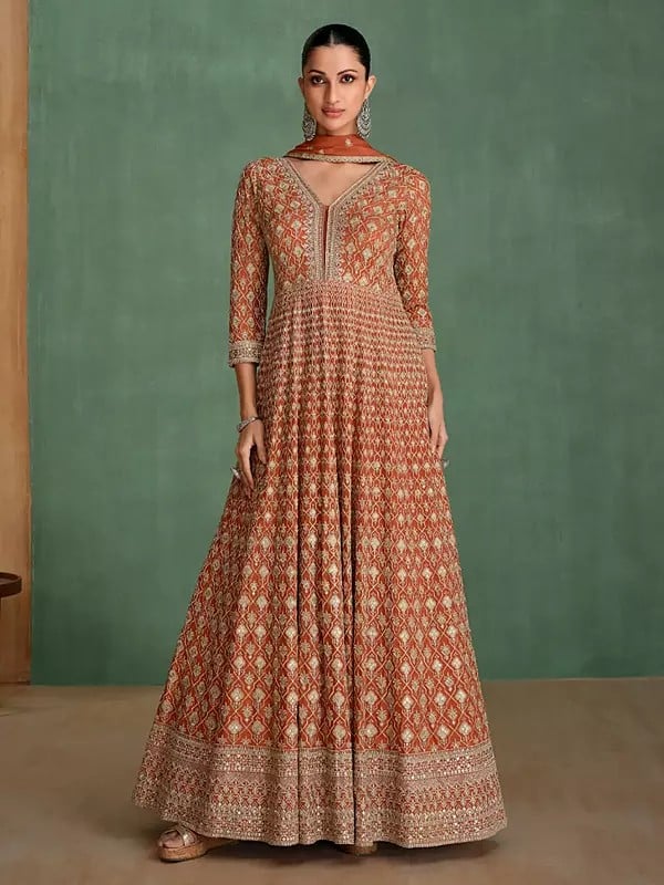 exotic india Georgette Sequins And Thread Embroidery Work Stunning Anarkali Gown With Dupatta 